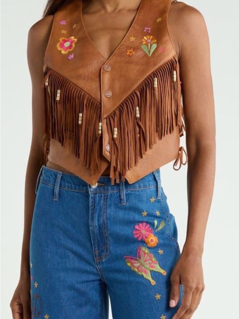 MOTHER: Fringe Embroidered Faux Leather Vest - Brown - Picture 2 of 6